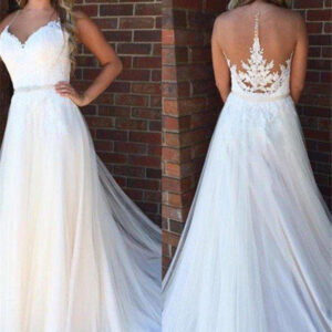 a line applique court train sleeveless tulle scoop wedding dresses showprettydress