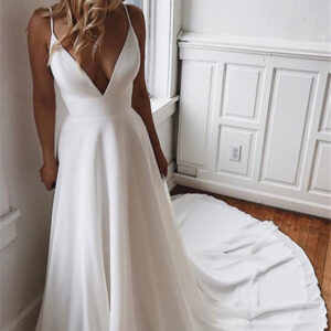 A-line Deep V-neck Court Spaghetti Strap Chiffon Crochet Flower Backless Wedding Dress