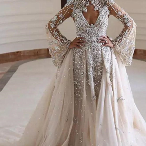 A-line High Collar Long Sleeves Long Train Backless Beaded Wedding Dress
