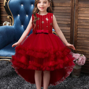 a line jewel neck sleeveless red bows polyester sequined tulle polyester cotton kids social party dresses princess dress showprettydress