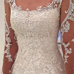 A-line Round Neck Long Sleeve Floor Length Tulle Applique Wedding Dress