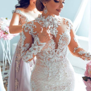 a line small round collar long train tulle beading paillette wedding dress showprettydress