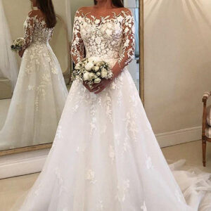 A-line Strapless Long Sleeves Court Train Tulle Applique Wedding Dress
