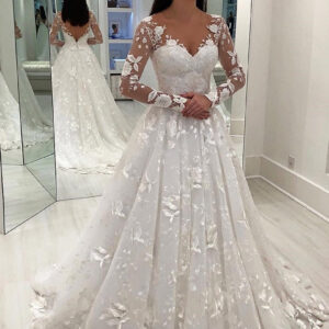 A-line V-neck Long Sleeve Floor Length Chapel Tulle Crochet Flower Wedding Dress