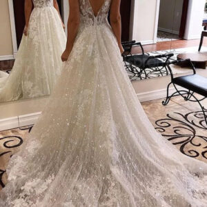 a line v neck wide strap chapel train tulle crochet flower wedding dress showprettydress