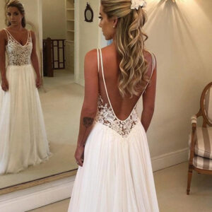 A-line V-neck Wide Strap Floor Length Backless Applique Wedding Dress