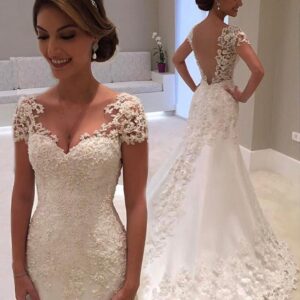 Affordable Long Mermaid V-Neck Lace Backless Wedding Dresses with Cap Sleeves