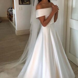 Amazing Long A-line Off the Shoulder Covered Button Satin Wedding Dresses