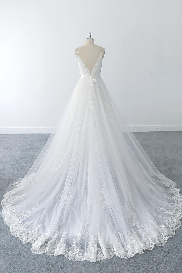 amazing-long-a-line-v-neck-ruffle-appliques-tulle-wedding-dress-showprettydress-2 Amazing Long A-line V-neck Ruffle Appliques Tulle Wedding Dress - Image 2
