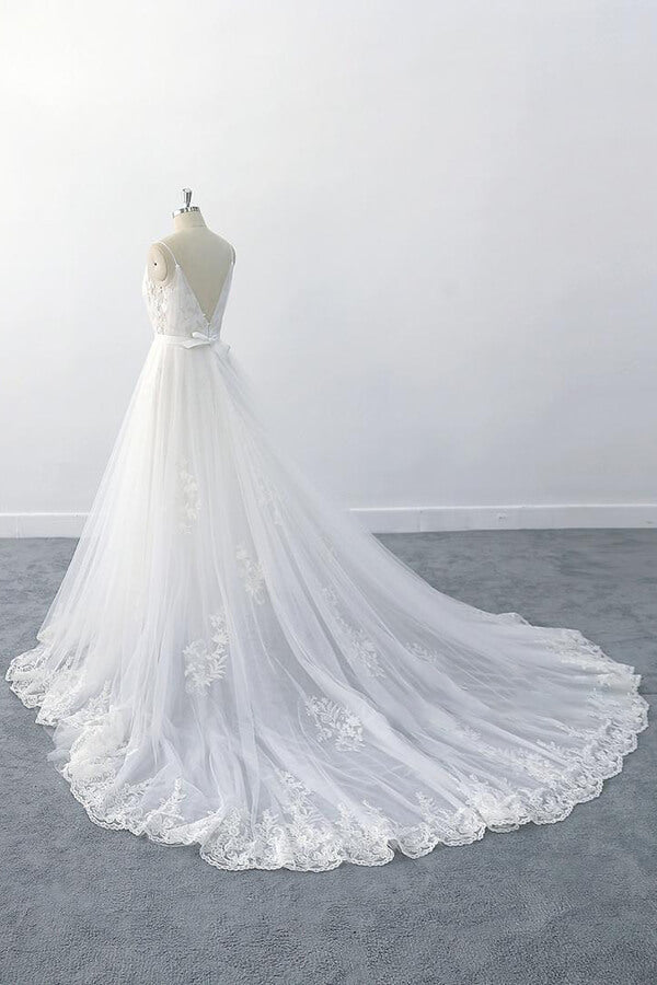 amazing-long-a-line-v-neck-ruffle-appliques-tulle-wedding-dress-showprettydress-3 Amazing Long A-line V-neck Ruffle Appliques Tulle Wedding Dress - Image 3