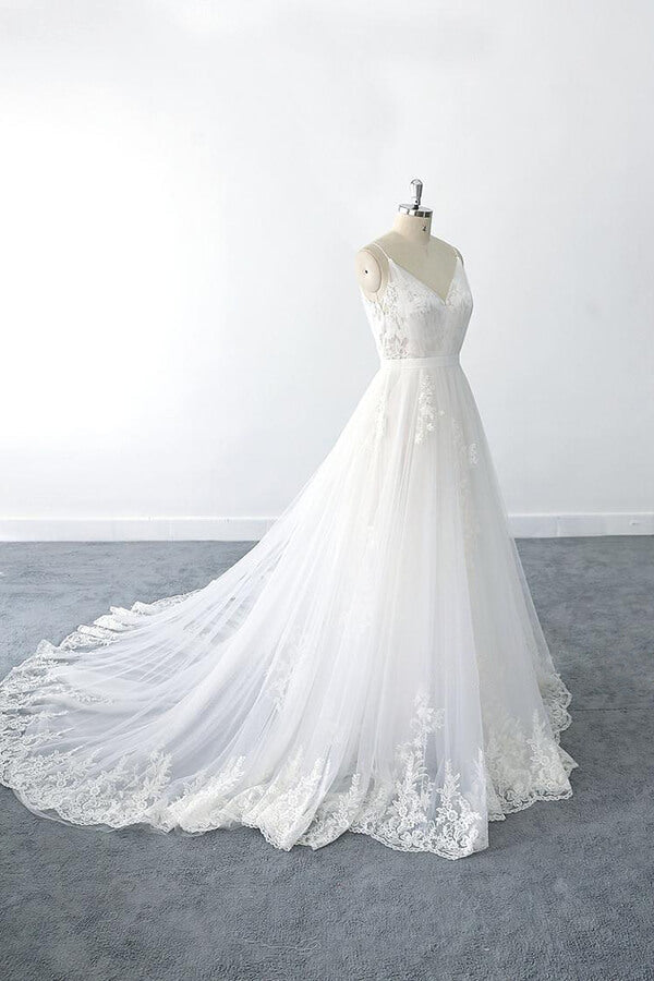 amazing-long-a-line-v-neck-ruffle-appliques-tulle-wedding-dress-showprettydress-4 Amazing Long A-line V-neck Ruffle Appliques Tulle Wedding Dress - Image 4