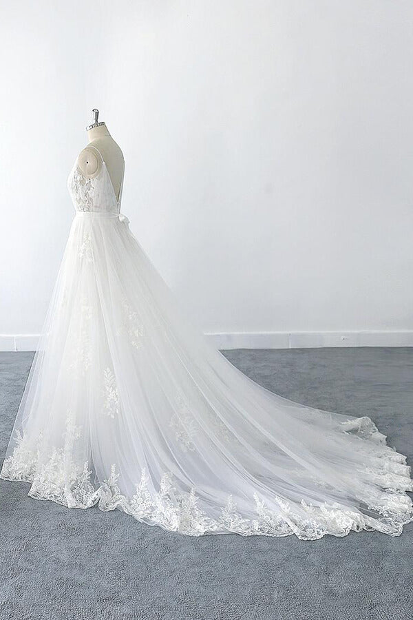 amazing-long-a-line-v-neck-ruffle-appliques-tulle-wedding-dress-showprettydress-5 Amazing Long A-line V-neck Ruffle Appliques Tulle Wedding Dress - Image 5