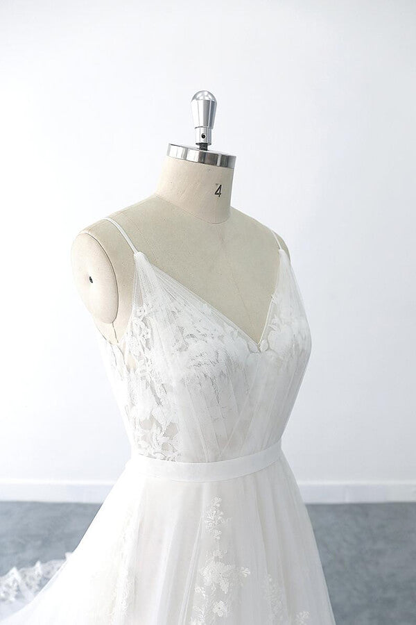 amazing-long-a-line-v-neck-ruffle-appliques-tulle-wedding-dress-showprettydress-6 Amazing Long A-line V-neck Ruffle Appliques Tulle Wedding Dress - Image 6