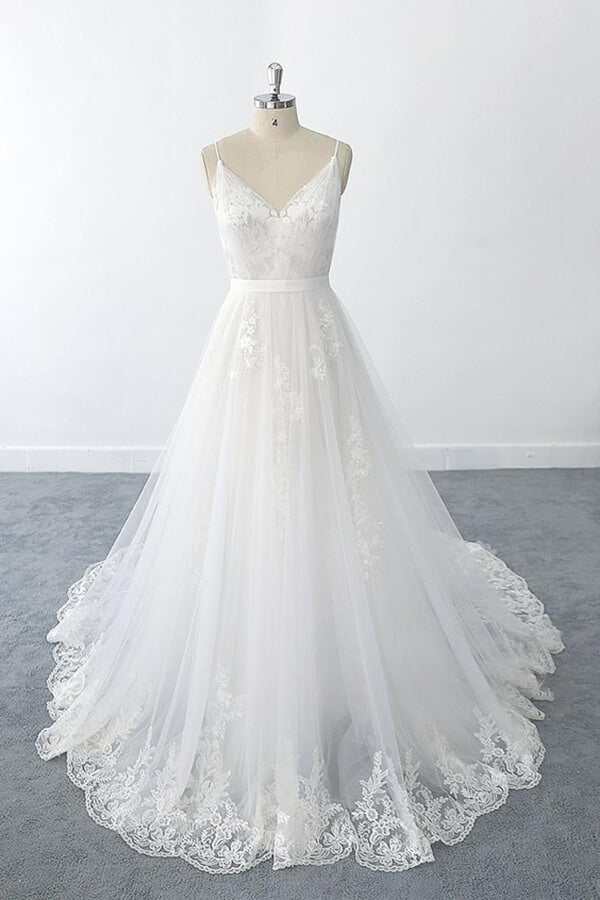 amazing-long-a-line-v-neck-ruffle-appliques-tulle-wedding-dress-showprettydress Amazing Long A-line V-neck Ruffle Appliques Tulle Wedding Dress