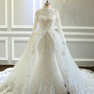 Amazing Long Mermaid High Neck Tulle Lace Wedding Dresses with Sleeves