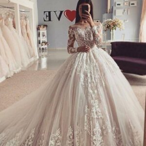 amazing long sleevess ball gown floral lace tulle aline bridal gown showprettydress