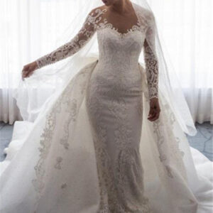 amazing mermaid lace wedding dress with sleeves bowknot detachable overskirt bride dress showprettydress