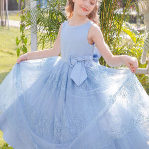 baby blue jewel neck sleeveless bows lace tulle polyester kids social party dresses showprettydress