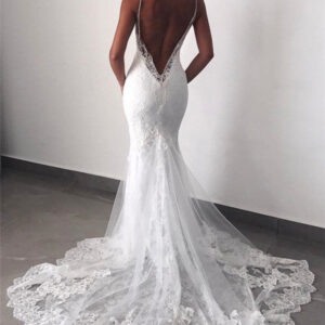 backless wedding dresses lace mermaid modern spaghetti straps bride dress showprettydress