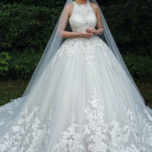ball gown halter floor length backless tulle lace applique wedding dress showprettydress