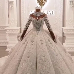 ball gown high neck luxurious train long sleevess sparkle applique satin wedding dresses showprettydress