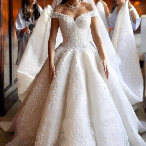 ball gown off the shoulder floor length applique wedding dress showprettydress