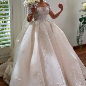 ball gown off the shoulder floor length tulle applique wedding dress showprettydress