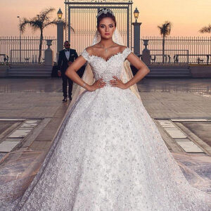 ball gown off the shoulder floor length tulle lace applique crochet flower wedding dress showprettydress