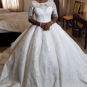 ball gown round collar long sleeves floor length charmeuse crochet flower wedding dress showprettydress