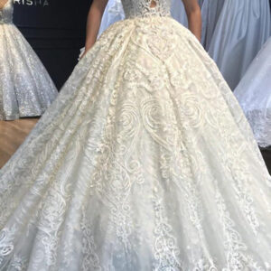 ball gown v neck wide strap floor length tulle applique lace wedding dress showprettydress