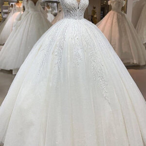 ball gown v neck wide strap floor length tulle applique wedding dress showprettydress