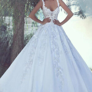 ball gown wide strap floor length tulle applique beading wedding dress showprettydress