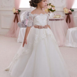 bateau neck lace half sleeves ankle length princess bows kids formal pageant dresses showprettydress