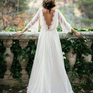 Beach Long A-line Chiffon Backless Wedding Dress with Sleeves