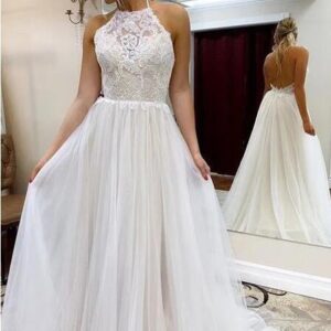 Beach Long A Line Halter Tulle Lace Backless Wedding Dress