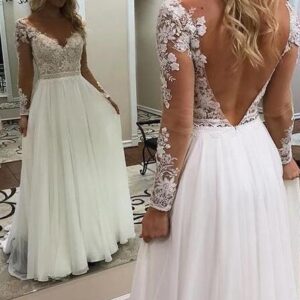 Beach Long A Line V Neck Tulle Backless Wedding Dress with Sleeves