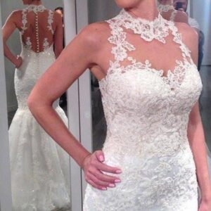 Beach Long Mermaid High Neck Backless Lace Wedding Dress