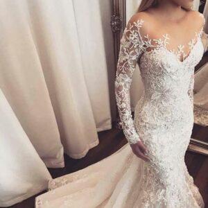 Beach Long Sleeves Mermaid Tulle Appliques Lace Wedding Dress