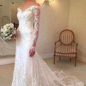 Beach Long Sleeves Off the Shoulder Mermaid Lace White Wedding Dress