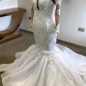 beading mermaid sheer tulle wedding dress appliques long sleeves bridal dress showprettydress