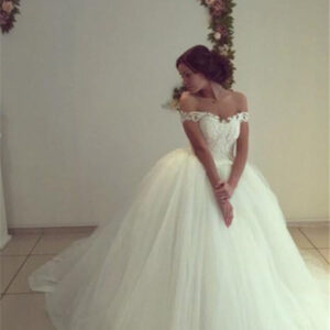 beautiful off the shoulder tulle chapel train ball gown wedding dresses showprettydress