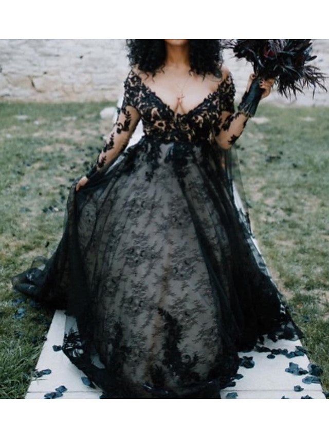 black-long-a-line-v-neck-court-train-lace-tulle-wedding-dresses-with-sleeves-showprettydress-2 Black Long A-Line V Neck Court Train Lace Tulle Wedding Dresses with Sleeves - Image 2