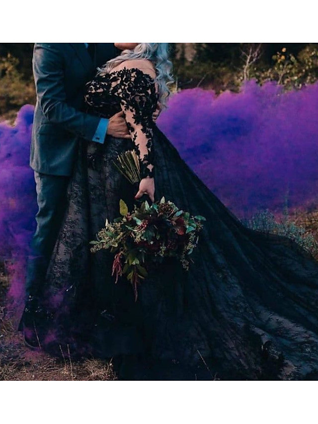 black-long-a-line-v-neck-court-train-lace-tulle-wedding-dresses-with-sleeves-showprettydress-3 Black Long A-Line V Neck Court Train Lace Tulle Wedding Dresses with Sleeves - Image 3