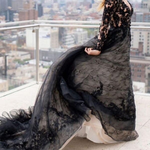 Black Long A-Line V Neck Court Train Lace Tulle Wedding Dresses with Sleeves