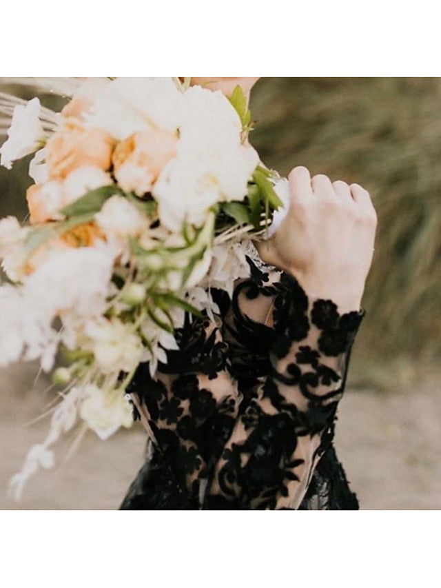 black-long-a-line-v-neck-court-train-lace-tulle-wedding-dresses-with-sleeves-showprettydress-4 Black Long A-Line V Neck Court Train Lace Tulle Wedding Dresses with Sleeves - Image 4