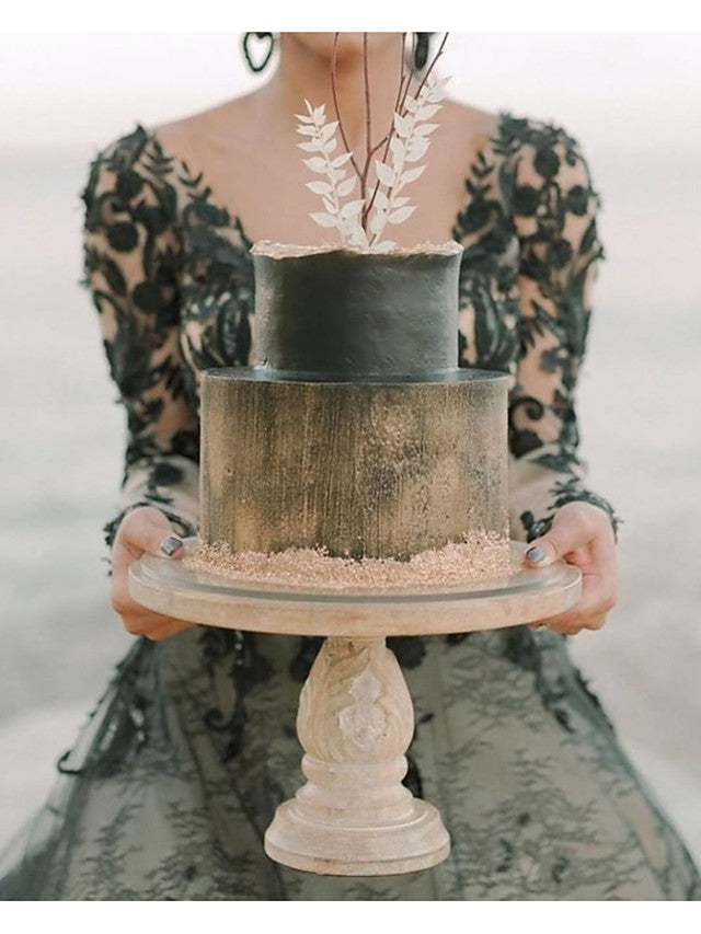 black-long-a-line-v-neck-court-train-lace-tulle-wedding-dresses-with-sleeves-showprettydress-5 Black Long A-Line V Neck Court Train Lace Tulle Wedding Dresses with Sleeves - Image 5