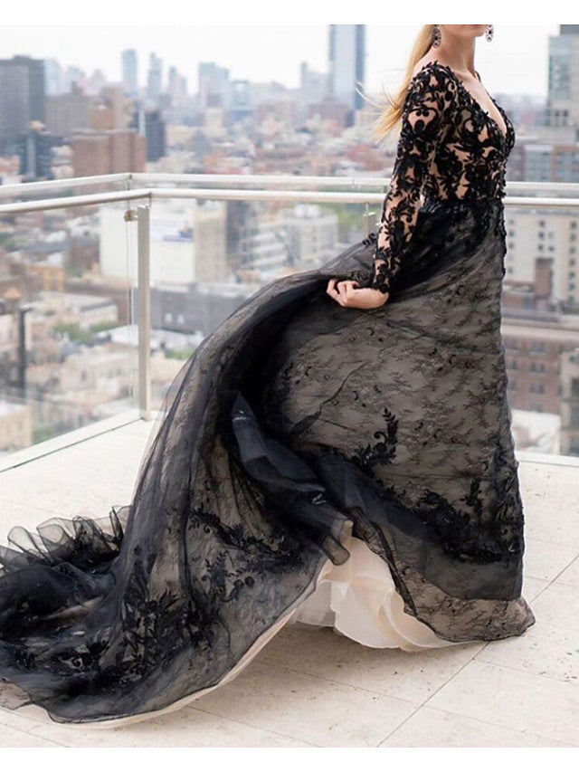 black-long-a-line-v-neck-court-train-lace-tulle-wedding-dresses-with-sleeves-showprettydress Black Long A-Line V Neck Court Train Lace Tulle Wedding Dresses with Sleeves