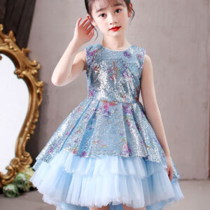 blue jewel neck sleeveless bows kids social party dresses princess dress showprettydress