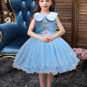 blue jewel neck sleeveless bows tulle polyester cotton flowers kids social party dresses showprettydress