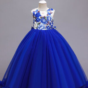 blue jewel neck sleeveless lace polyester cotton tulle embroidered kids party dresses showprettydress